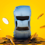 Car crash stacks golden coins with damage and gold coins falling down and explosion scene, Car crash insurance and lose money. Financial, Installment payment, Safety, Transport and Accident concept. EV stocks crash