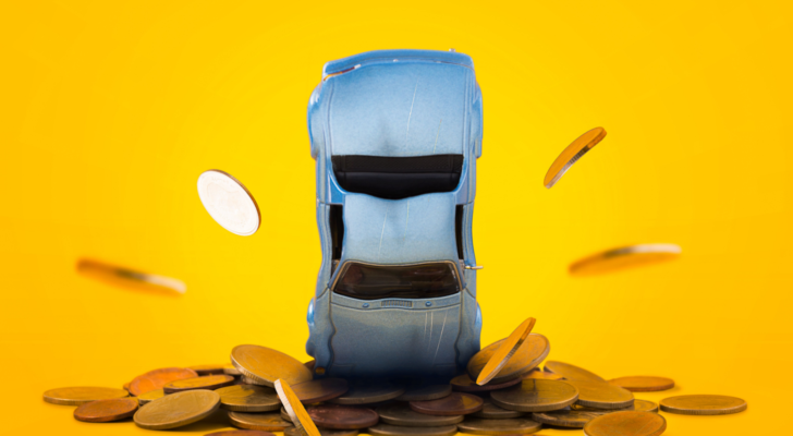 Car crash stacks golden coins with damage and gold coins falling down and explosion scene, Car crash insurance and lose money. Financial, Installment payment, Safety, Transport and Accident concept. EV stocks crash