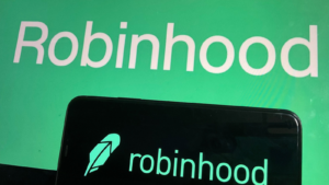 The Robinood app logo with the Robinhood (HOOD) website logo in the background.