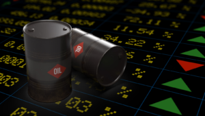 3D rendered two black oil barrels on digital financial chart screen with yellow numbers and rising, green, falling, red arrows on black background. Oil stocks