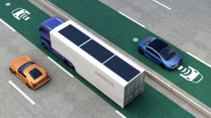 Hybrid truck and blue electric car on wireless charging lane. 3D rendering image. SEV stock