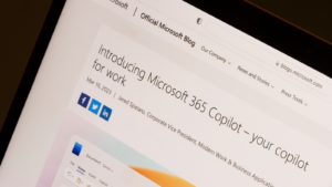 Official Microsoft (MSFT) blog introducing Microsoft 365 Copilot is seen on its corporate website. Microsoft 365 Copilot provides AI tools aimed at boosting efficiency.