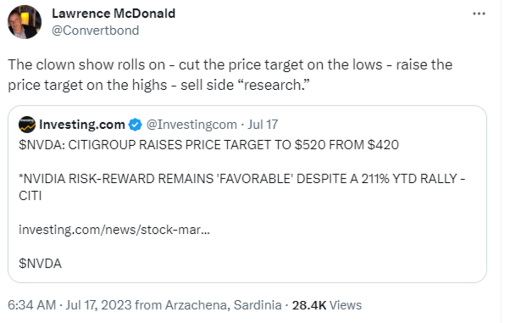 Image of a tweet called Nvidia's new increased price target a "clown show"