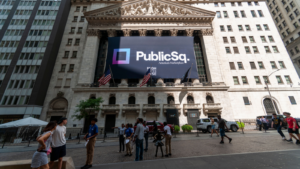 The façade of the New York Stock Exchange is decorated for the listing of PublicSq (PSQH) via a SPAC with Colombier Acquisition Corp