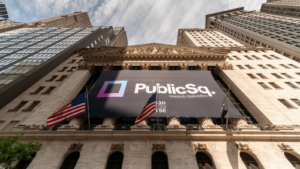 The façade of the New York Stock Exchange is decorated for the listing of PublicSq (PSQH) via a SPAC with Colombier Acquisition Corp.