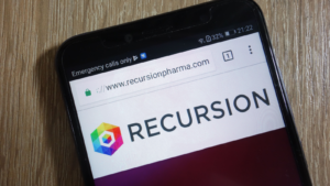Recursion Pharmaceuticals (RXRX) website displayed on a modern smartphone