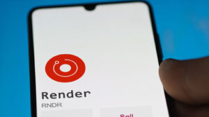 The Render (RNDR) crypto logo is displayed on a smartphone screen.