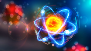 3D illustration of an atom on the background of HUD display; to depict nuclear energy, nuclear power