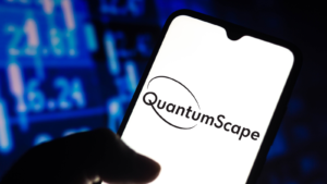 In this photo illustration the QuantumScape (qs) logo seen displayed on a smartphone screen