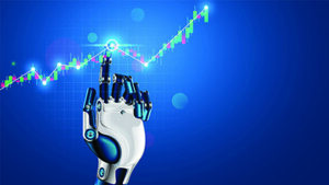robot hand tapping finger on chart of trading data