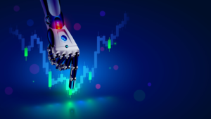 An image of a robotic hand pointing at a point on a stock graph to illustrate AI analysis in stock picking