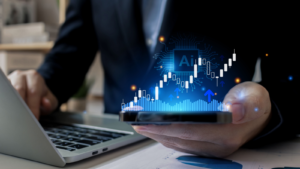 A businessman in a suit holding a phone in his hand, showing a rising candlestick graph and the text AI to portray AI-driven trading. hottest AI stocks