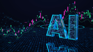 Digital candlestick chart with the letters AI in the background.  AI stocks to make you rich