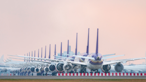 Aircraft parking at airport runway. Airline stocks