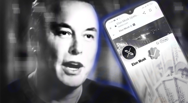 2023 On a smartphone, Elon Musk Twitter page, hundred dollar bills and Elon Musk in the background. TSLA stock