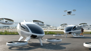 Fleet of Electric Vertical Take Off and Landing eVTOL Aircraft Used As Airport Shuttles 3d rendering, flying car stocks