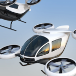 Two self-driving passenger drones flying in the sky. 3D rendering image. eVTOL and flying car stocks flying car stocks