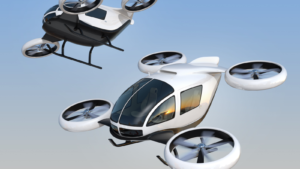 Two self-driving passenger drones flying in the sky. 3D rendering image. eVTOL and flying car stocks