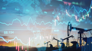 Rise in gasoline prices concept with double exposure of digital screen with financial chart graphs and oil pumps on a field, gas prices