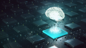 Machine learning, artificial intelligence, AI, deep learning blockchain neural network concept. Brain made with shining wireframe above multiple blockchain CPU on circuit board 3d render.