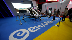 The flying taxi or Car-drone-EHang 216 exhibited by Prestige Image Motor Cars at the 2023 Indonesia International Motor Show (IIMS) held at JIExpo Kemayoran. EH stock