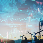 Rise in gasoline prices concept with double exposure of digital screen with financial chart graphs and oil pumps on a field. Oil prices and oil price predictions