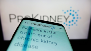 Mobile phone with website of US healthcare company ProKidney LLC (PROK) on screen in front of business logo. Focus on top-left of phone display. Unmodified photo.