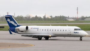 A close-up shot of a SkyWest (SKYW) plane.