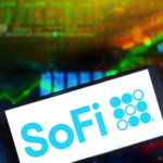SoFi Technologies, Inc logo with stock market chart background. is an American online personal finance company and online bank.