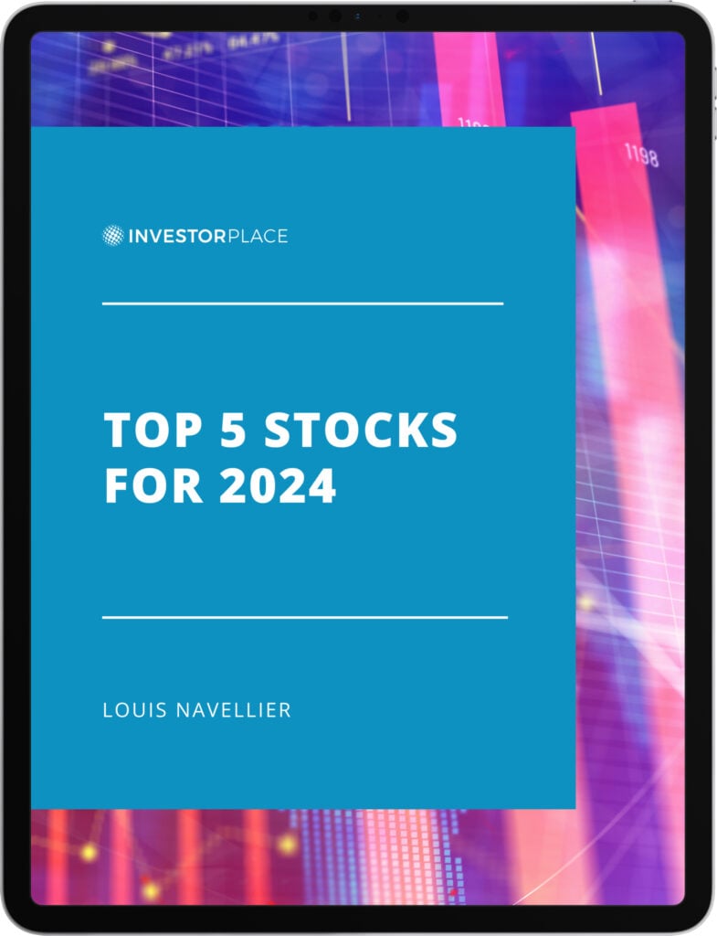 An image of the InvestorPlace logo and title "Top 5 Stocks for 2024" by Louis Navellier on a light blue backdrop, with a futuristic pink and purple stock chart in the background.