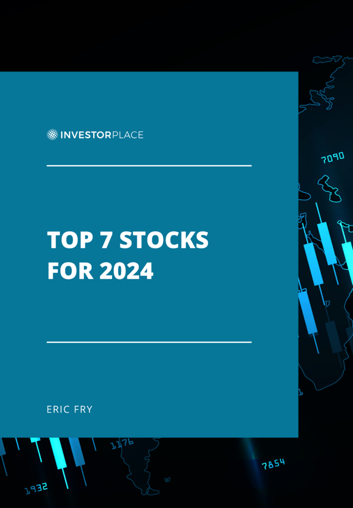 An article cover image with the InvestorPlace logo and title "Top 7 Stocks for 2024" by Eric Fry on a light blue backdrop, with a futuristic candlestick chart design in the background.