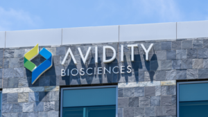Avidity Biosciences logo on their headquarters building in San Diego, CA, USA. Avidity Biosciences Inc (RNA) is an American biotechnology company.