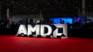 Logo of Advanced Micro Devices, Inc. (AMD) in the CNE building in Toronto. AMD is an American semiconductor company.