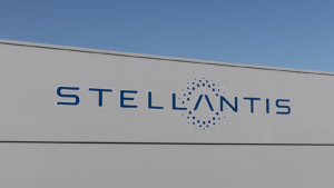 Stellantis (STLA) logo at the transmission factory. The Stellantis subsidiaries of FCA are Chrysler, Dodge, Jeep, and Ram.