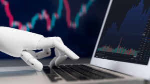 Automated stock trading concept. Robotic hand analyzing financial data on stock exchange, artificial intelligence utilization to predict precise price change in stock market. Trailblazing. trillion-dollar ai stocks