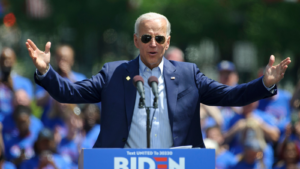 Former vice-president Joe Biden formally launches his 2020 presidential campaign during a rally May 18, 2019, at Eakins Oval in Philadelphia. Biden stocks