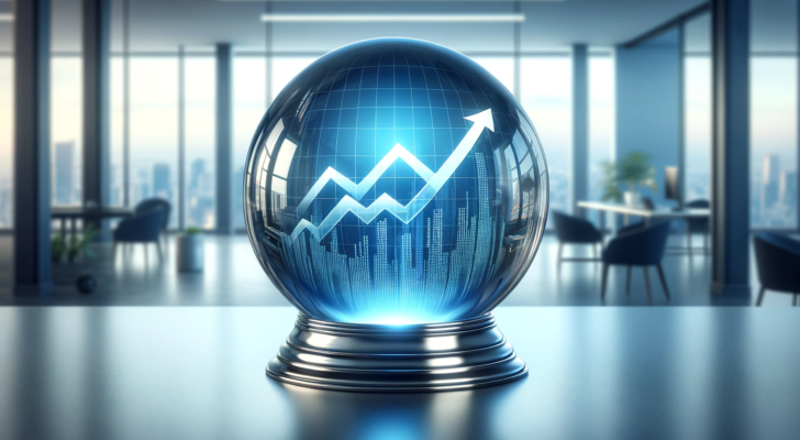 a crystal ball reflecting a rising stock market graph, set against a modern office backdrop with a city skyline to depict stock market predictions