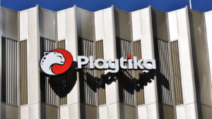 Playtika (PLTK) signage, logo, emblem on the facade Israel-based digital entertainment company that specializes in the development and publication of mobile casino games.