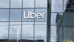 Uber sign on its headquarters building in San Francisco, California, USA - June 6, 2023. Uber Technologies is a transportation conglomerate.