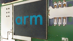 ARM company logo or ARM Holding plc logo on smartphone hardware. is a British semiconductor and software design company owned by SoftBank group