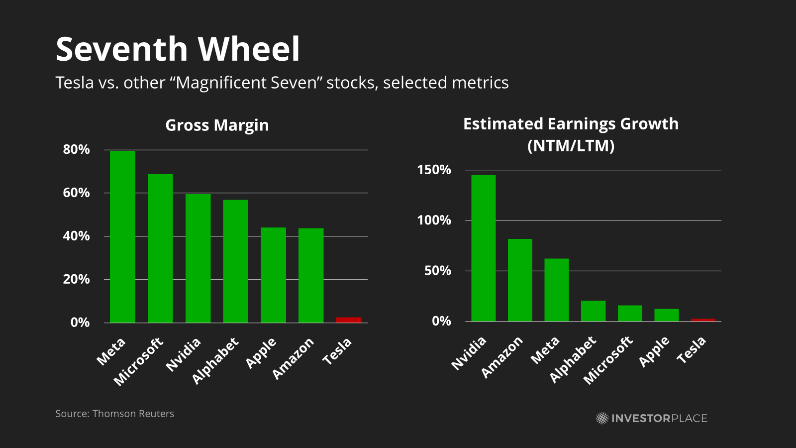 A chart showing TSLA's gross margins and estimated earnings against the other Magnificent 7 members. 