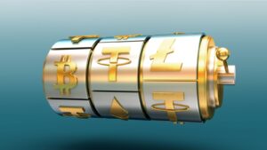 Slot machine graphic in gold in silver with blue background displaying Bitcoin, Tether and Litecoin logos, symbolizing crypto slot machine/gambling