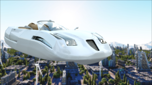 futuristic car flying over the city, town. Transport of the future. Aerial view. 3d rendering. Flying car stocks