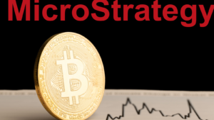 Bitcoin BTC representation coin with MicroStrategy (MSTR) text in background.