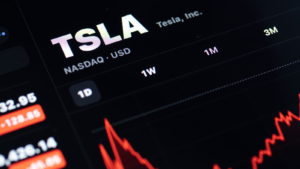 The Tesla, Inc, TSLA, on the New York Stock Exchange (NYSE) is seen on a screen, viewing the stock price for the electric vehicle and technology company.