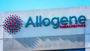The logo for Allogene Therapeutics Inc (ALLO) is displayed on a building front.