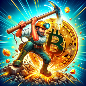 A cartoon image of a miner with a hard hat and pickaxe, hitting a bitcoin with the pickaxe and breaking it in half, to represent the bitcoin halving