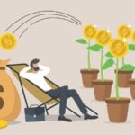 Graphic of man relaxing in chair with giant dividend bag behind him and money plants in pots in front of him