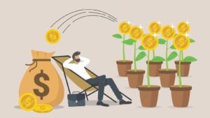 Graphic of man relaxing in chair with giant dividend bag behind him and money plants in pots in front of him