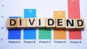 Wooden tiles spelling out "dividend" displayed on tip of a colorful bar chart listing products "A" through "E"